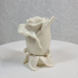 Vintage Lenox White Rose Bud Ceramic Candlestick 3" Ivory Glossy Candle Holder